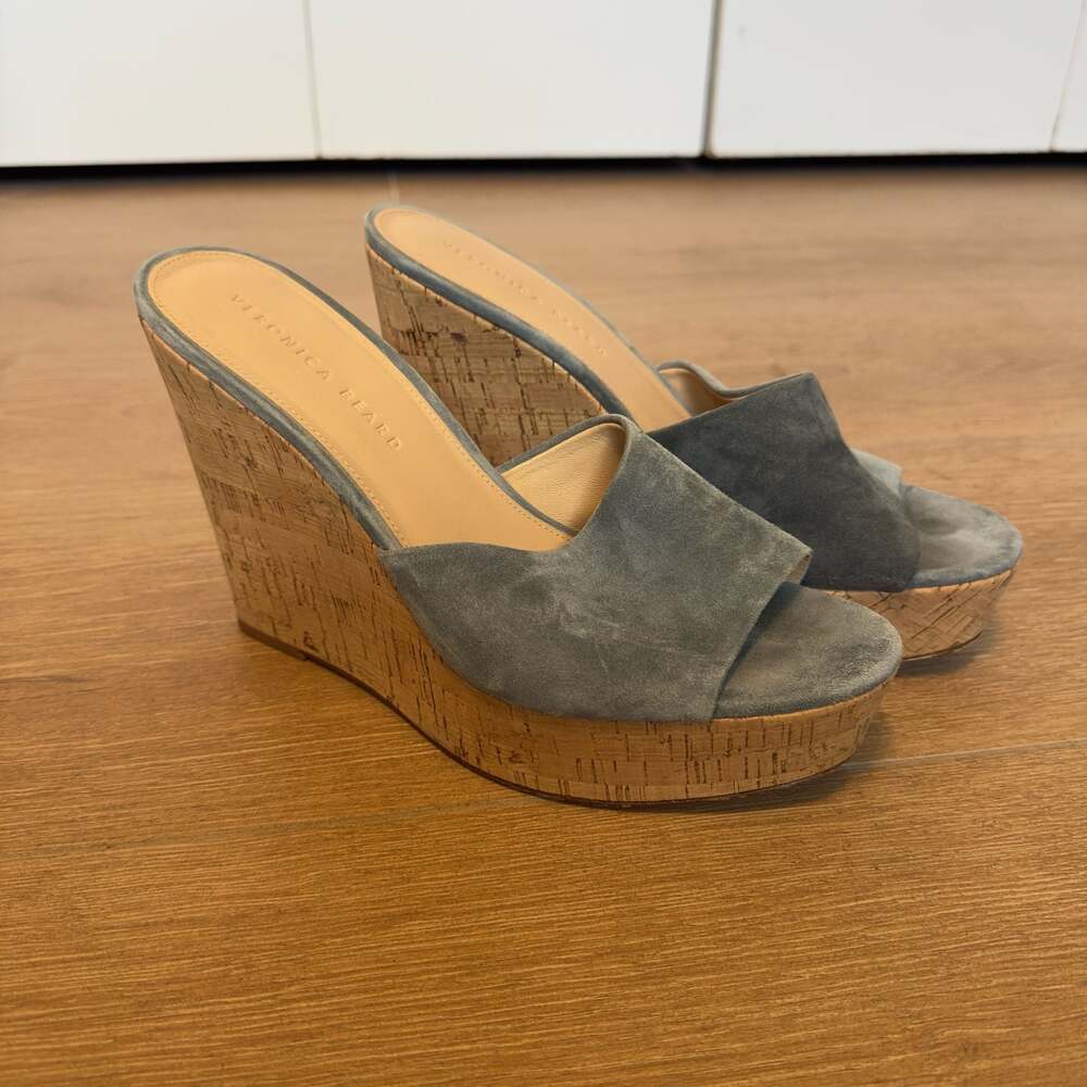 Veronica Beard Dali Blue Suede Cork Wedge Sandals Size 9.5
